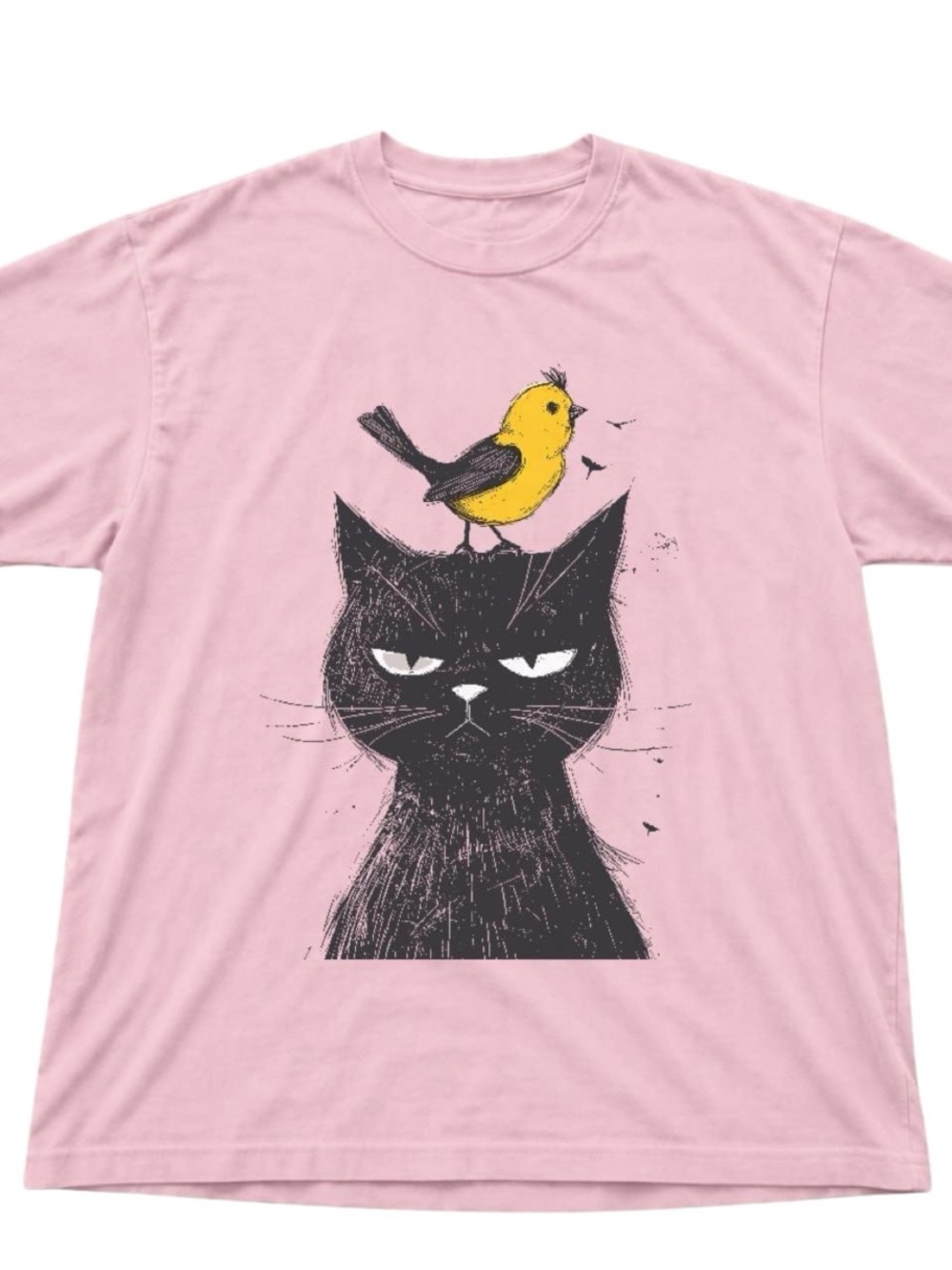 Gildan Pink Tee with Black Cat and Yellow Bird Graphic